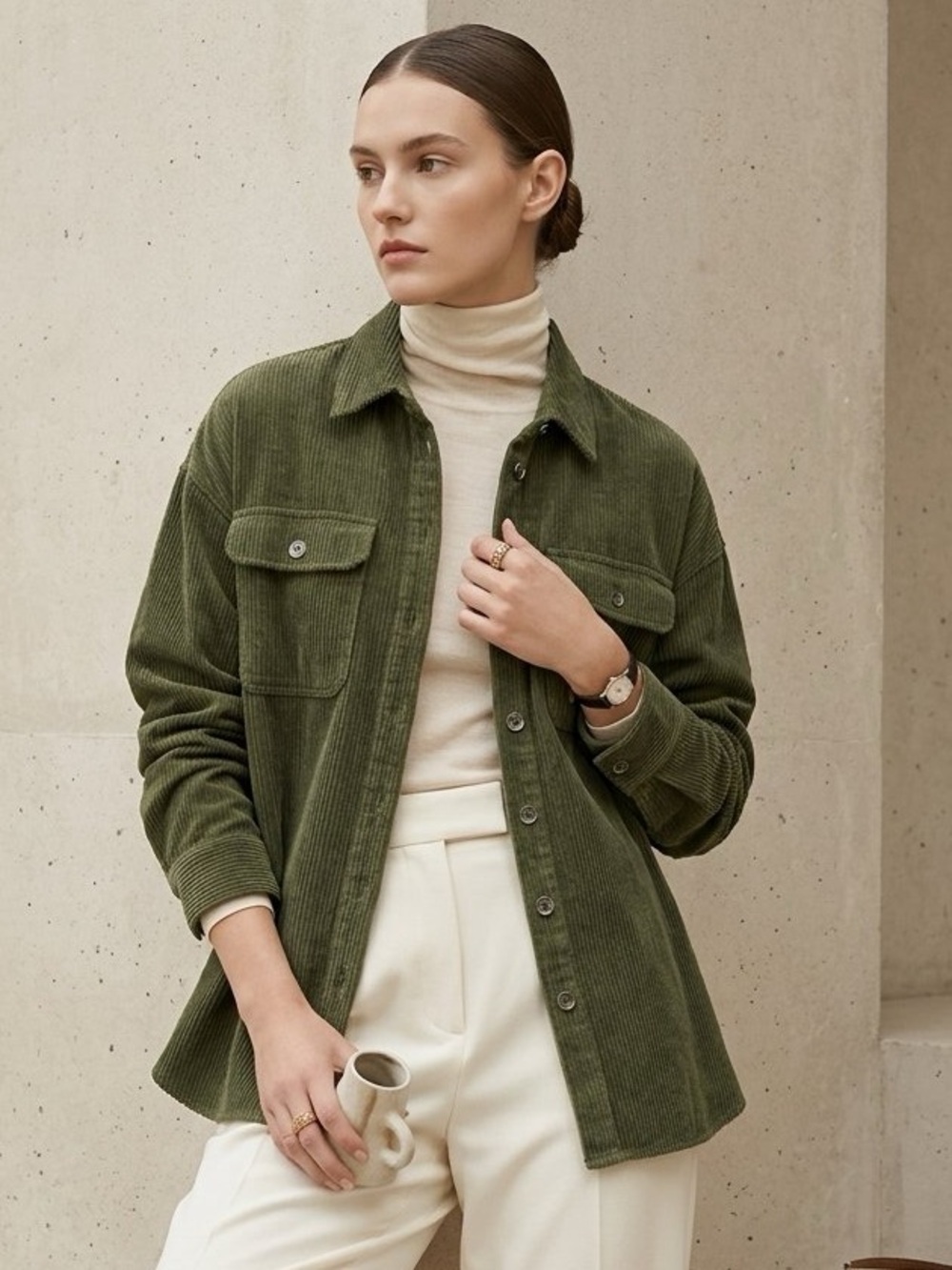 Velvet Heart Olive Green Corduroy Overshirt Shacket Top - Large- Large